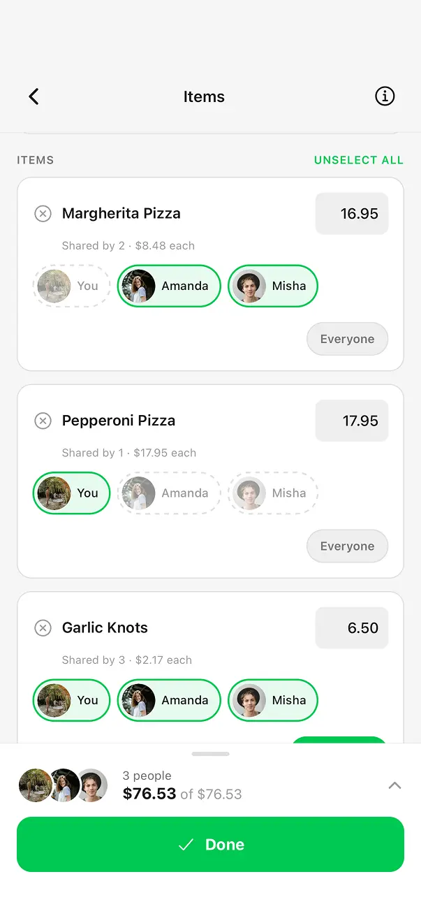 BuddyPay Items screen showing Margherita Pizza and Pepperoni Pizza assigned to group members
