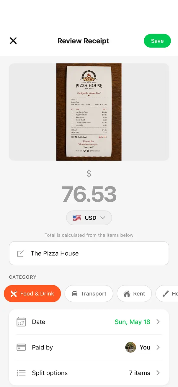 BuddyPay Review Receipt screen showing $76.53 total from The Pizza House