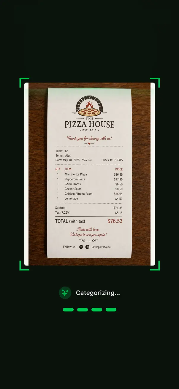 BuddyPay AI scanning a restaurant receipt with animated sweep line
