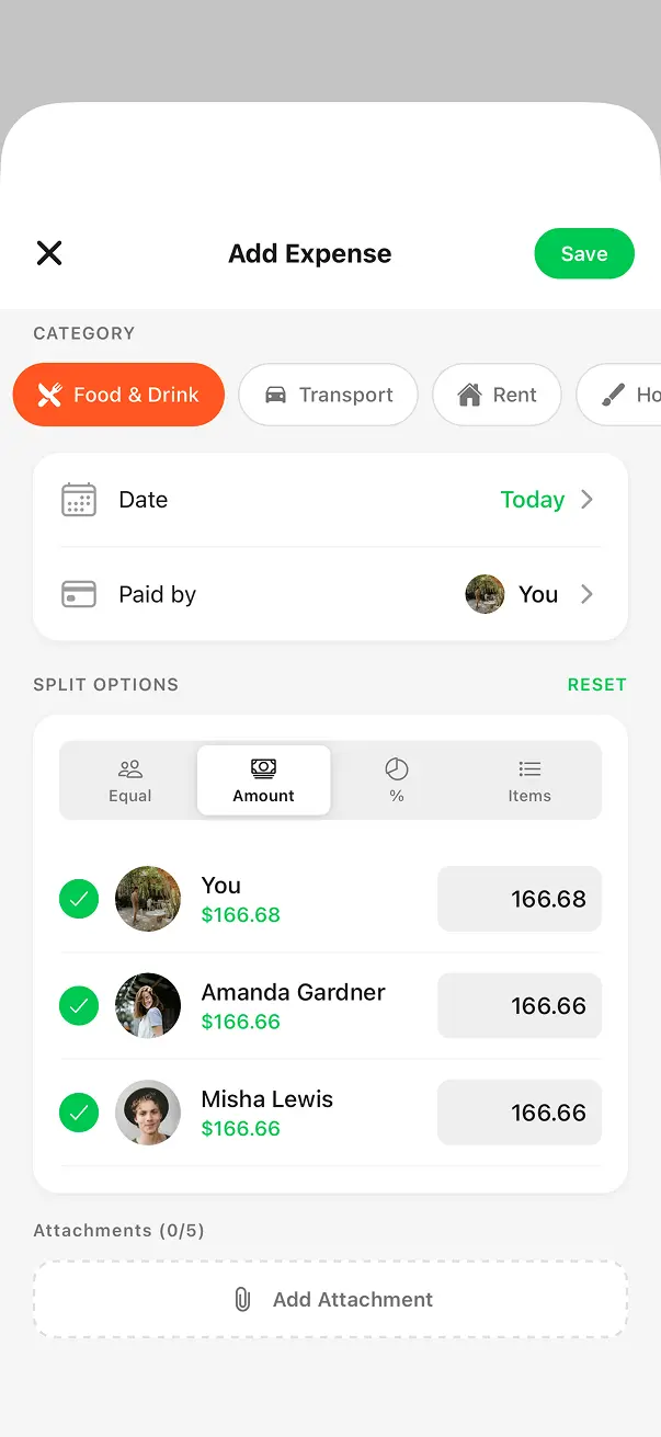 BuddyPay split by amount screen with editable amount fields per person