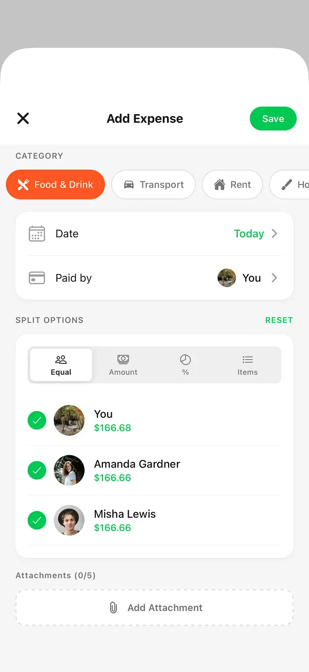 BuddyPay equal split screen showing three people each paying $166.66
