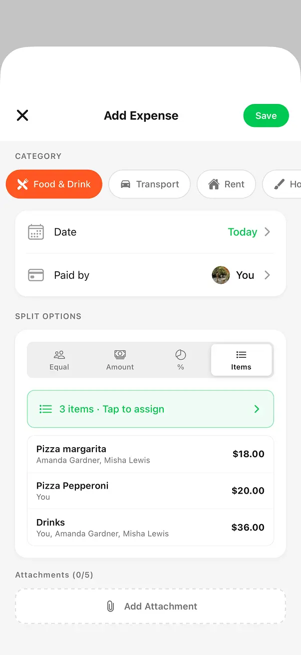 BuddyPay item split screen showing Pizza margarita, Pizza Pepperoni, and Drinks assigned to group members