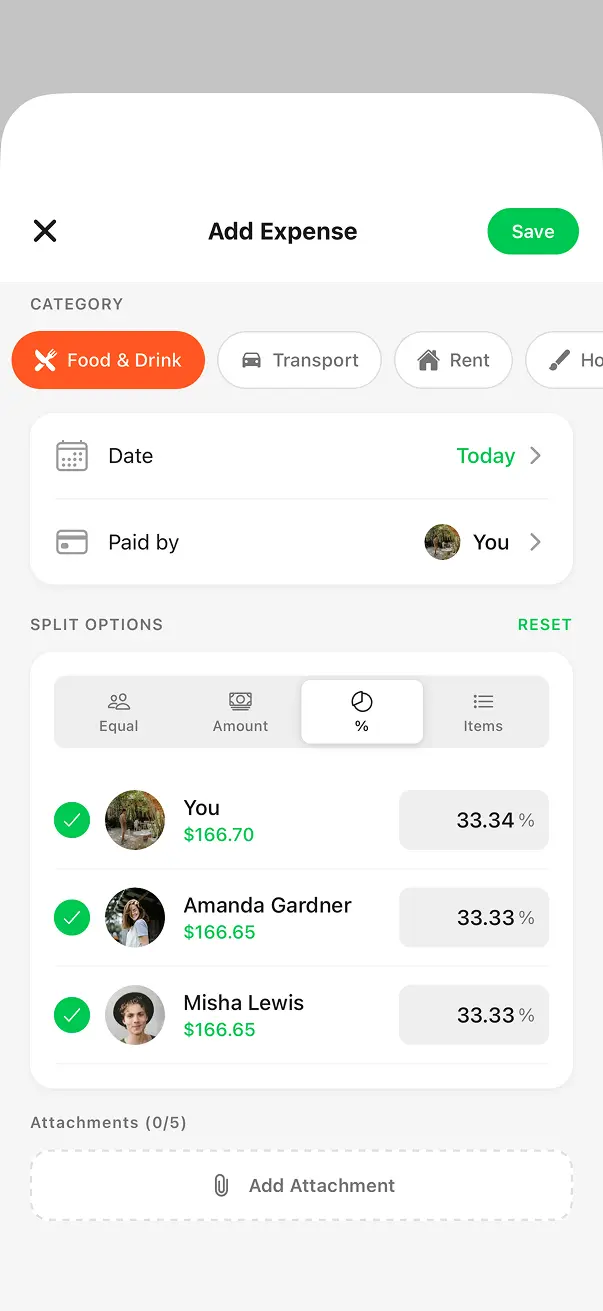 BuddyPay split by percentage screen showing 33.34% and 33.33% per person