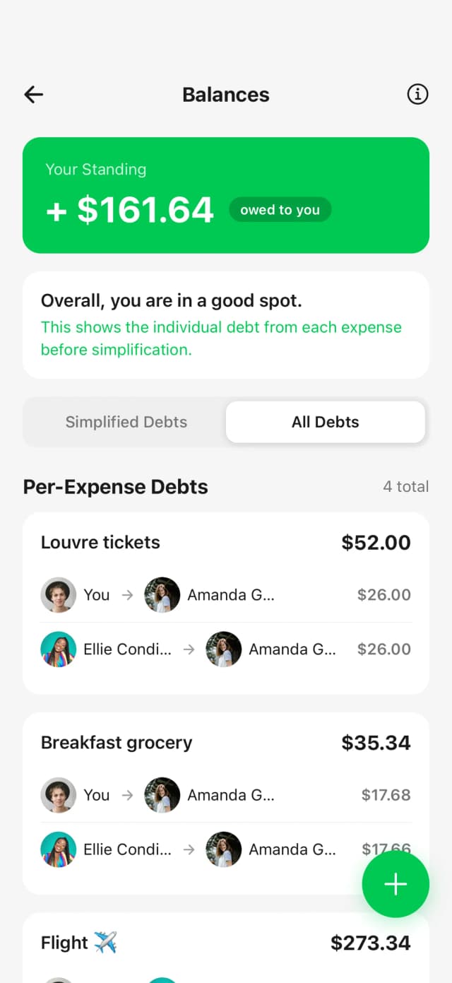 Detailed balance breakdown screen