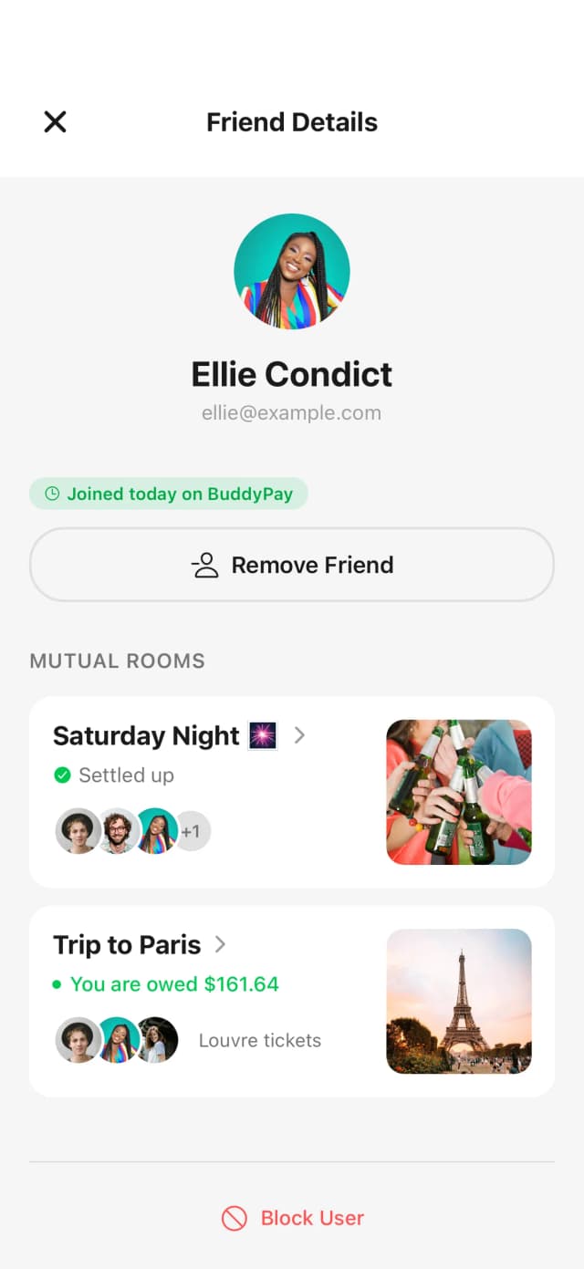 Friends list screen showing shared history