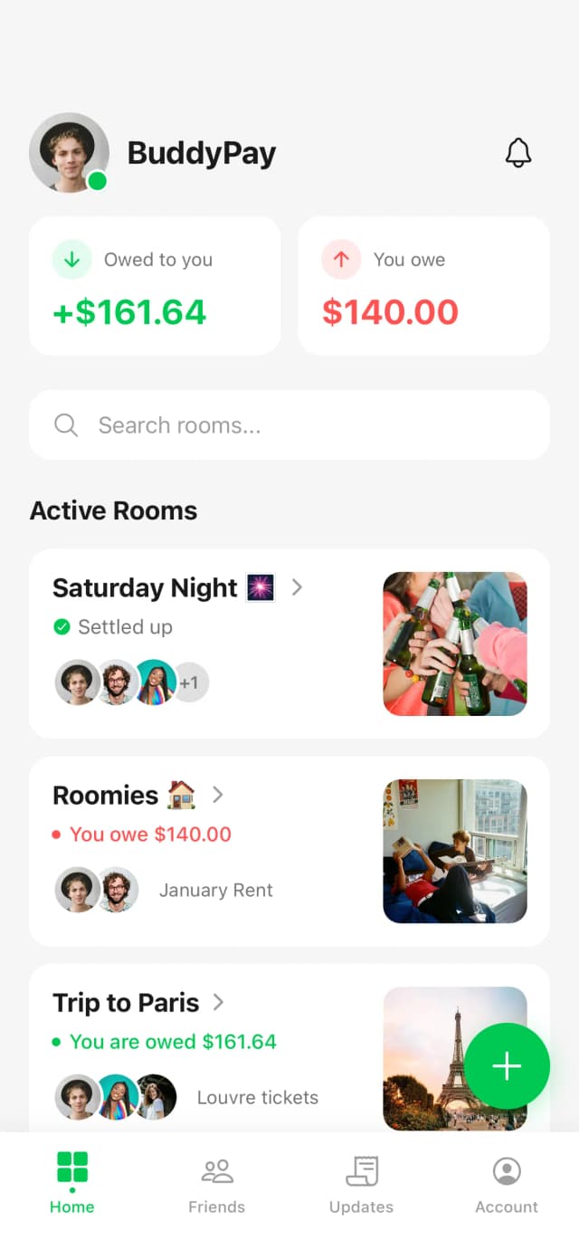 BuddyPay home screen showing rooms and balances