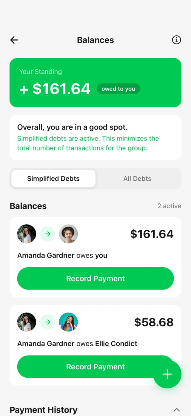 Balances screen with record payment option